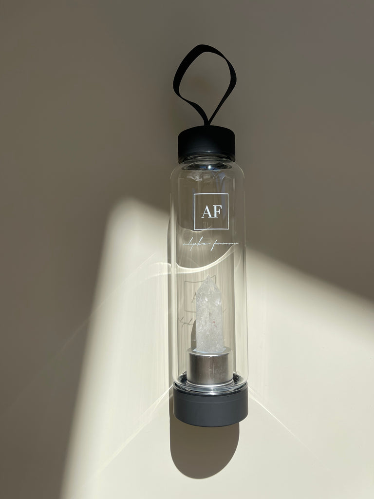 Crystal Infused Water Bottle - Clear Quartz/Black Lid